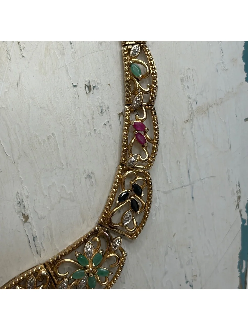 Filigree vermeil sterling choker necklace with emerald sapphire ruby detail vtg